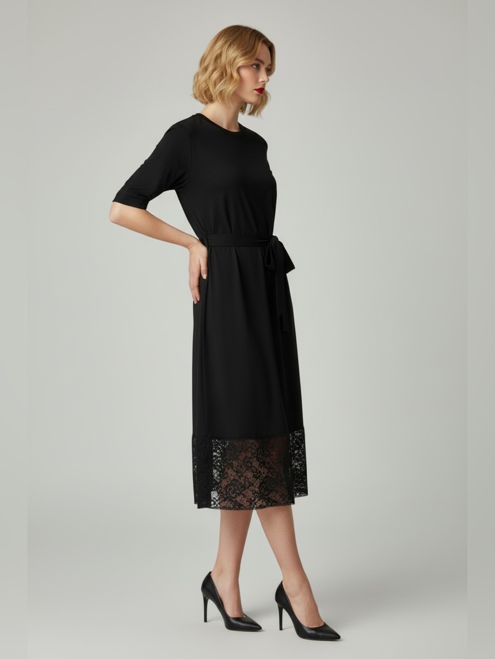 Louis Vuitton NWT Black Lace Hem Belted Midi Dress Size 38